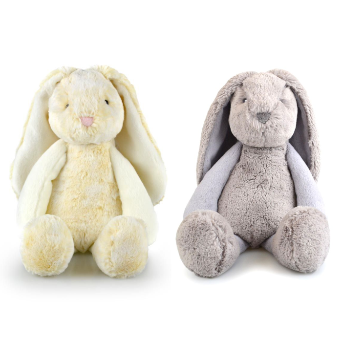 Cream and grey bunny plush toys with long floppy ears and soft cuddly bodies — Adventure Awaits