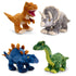keelco green stegosaurus, grey triceratops, brown t-rex and blue stegosaurus on white background