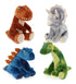 Mini keelco brown t-rex, grey triceratops, blue stegosaurus and green stegosaurus sitting on white background