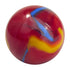 Red glass marble with flowing blue and yellow swirl design — Adventure Awaits