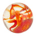 Clear glass marble with bold red swirling ribbons and tiny bubbles — Adventure Awaits