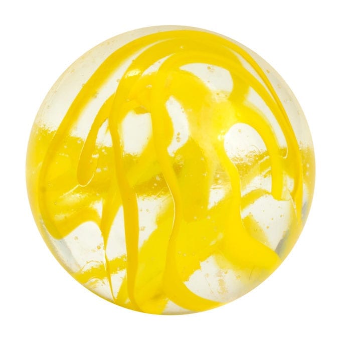 Clear glass marble with bold yellow swirling ribbons and tiny bubbles — Adventure Awaits