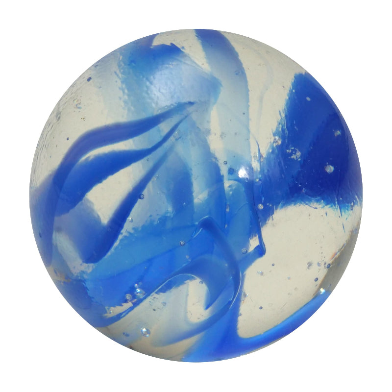 Clear glass marble with bold blue swirling ribbons and tiny bubbles — Adventure Awaits