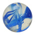 Clear glass marble with bold blue swirling ribbons and tiny bubbles — Adventure Awaits