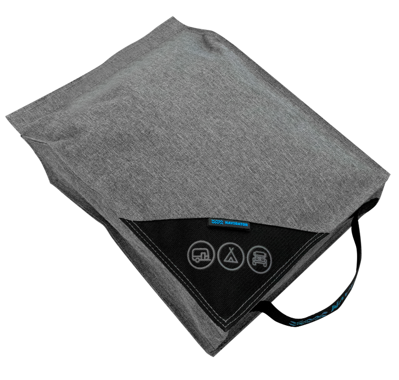 Grey padded caravan TV storage bag folded flat with front pocket — Adventure Awaits