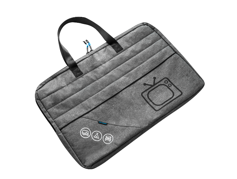 Grey padded caravan TV storage bag with carry handles and front pocket — Adventure Awaits