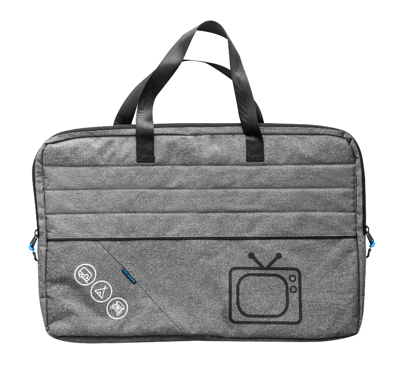 Grey padded caravan TV storage bag front view with carry handles — Adventure Awaits