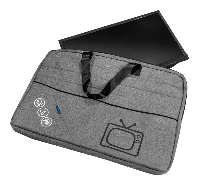 Grey padded caravan TV storage bag with TV sliding out behind it — Adventure Awaits