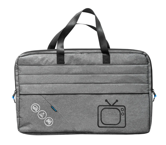 Grey padded caravan TV storage bag with handles and TV icon — Adventure Awaits