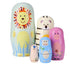 set of wooden nesting dolls with animal designs including lion, tiger, pig, monkey and bird, colourful stacking toy for kids imaginative play Adventure Awaits