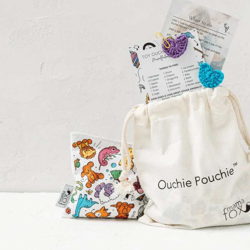 Ouchie Pouchie cold pack with animal print, cotton drawstring bag and activity cards — Adventure Awaits