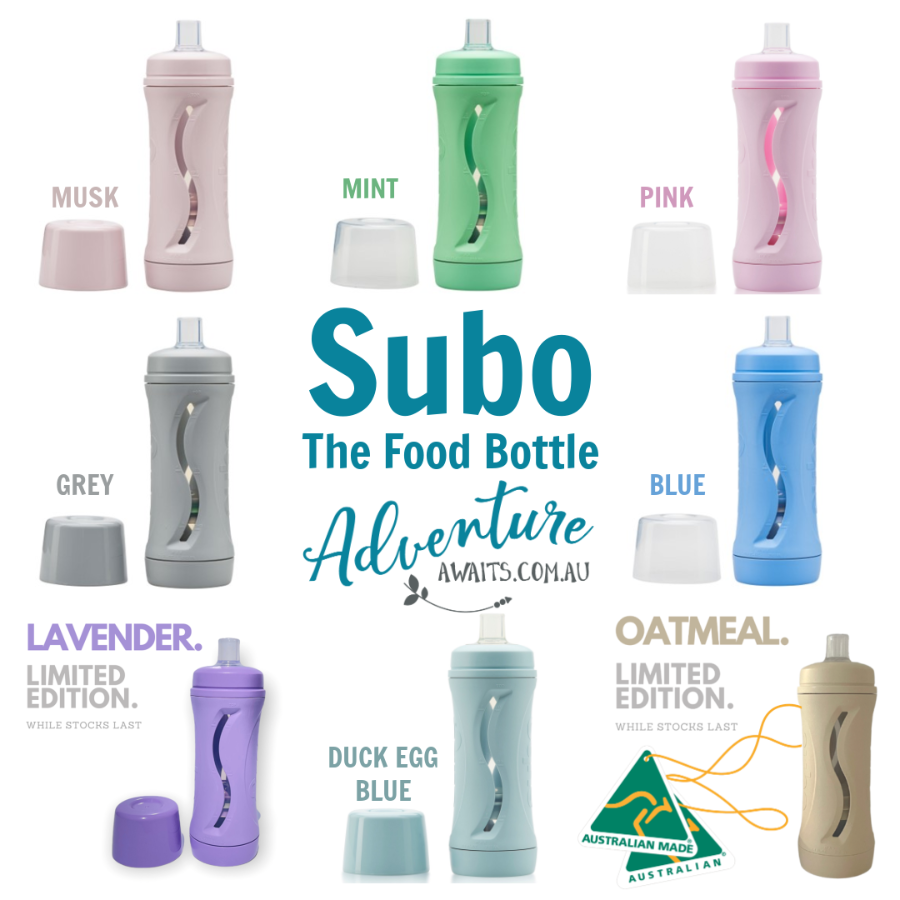 subo food bottle in multiple colour variants on white background with adventure awaits logo image in centre