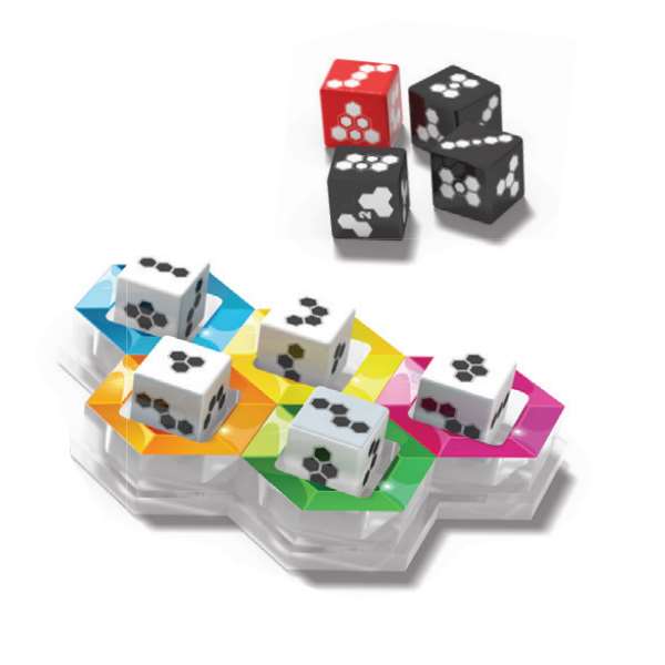 Adventure Awaits Genius Gems game pieces and dice on colourful hexagon game boards for strategic puzzle play