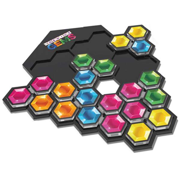 Adventure Awaits Genius Gems puzzle board with colourful hexagon gem pieces arranged for strategy gameplay
