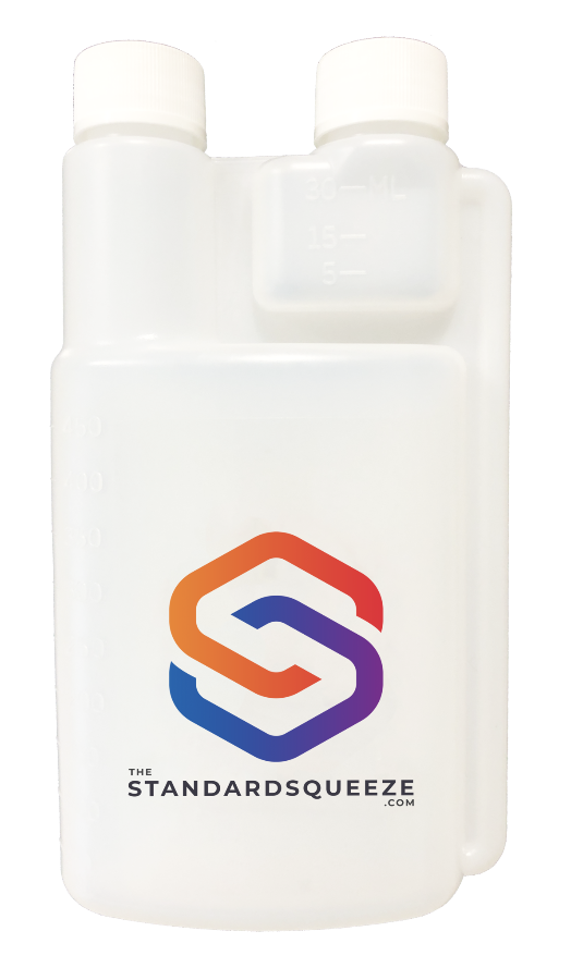 White Standard Squeeze Bottle with dual caps, side handle and measurement markings — Adventure Awaits