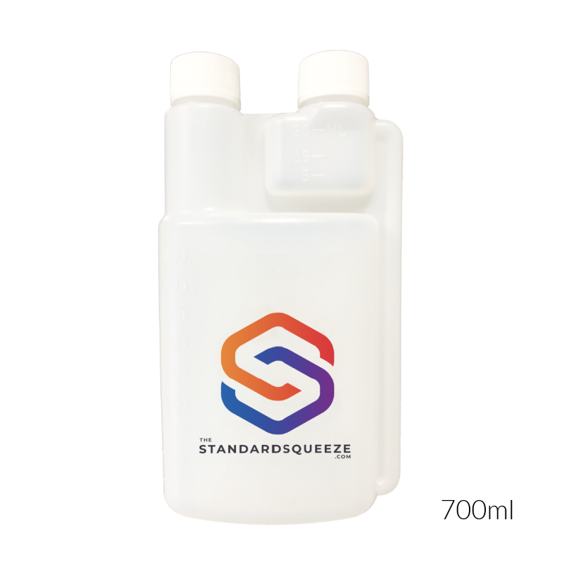 700ml Standard Squeeze Bottle in white with dual caps, measurement markings and colourful logo — Adventure Awaits