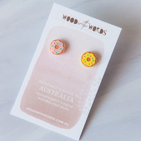Wood With Words Stud Earrings - Donuts