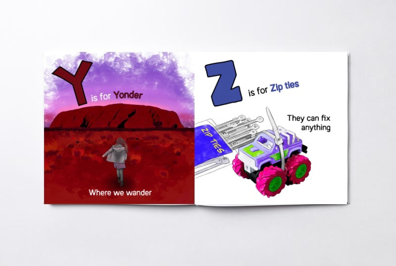 Y is for Yonder and Z is for Zip ties pages from ABC for Little Offroaders book, featuring outback landscape and 4WD illustration Adventure Awaits