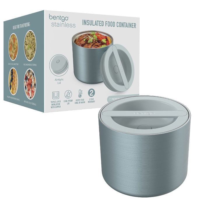 Blue Bentgo Stainless insulated food container beside retail packaging with airtight lid details — Adventure Awaits