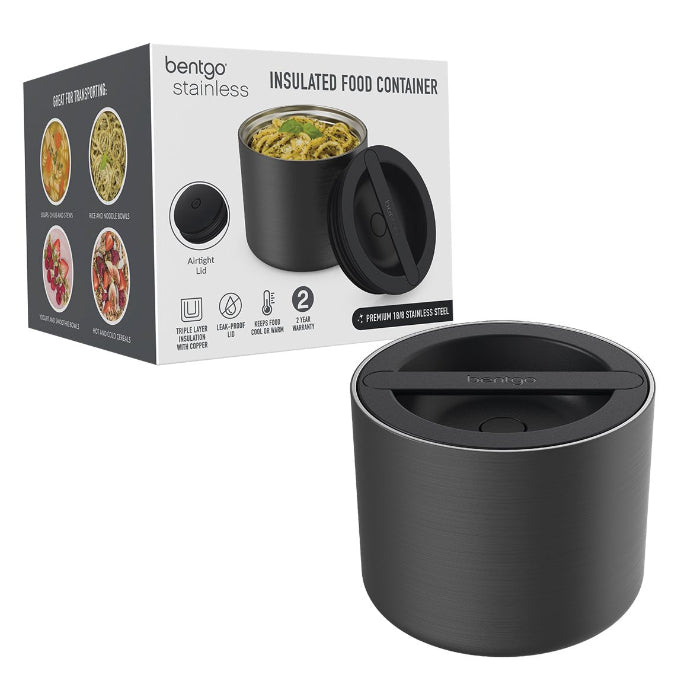 Bentgo stainless insulated food container in black with airtight lid and retail box — Adventure Awaits