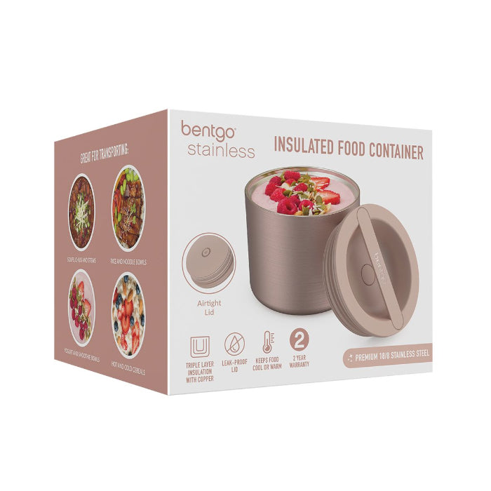 Bentgo insulated food container in blush pink packaging with airtight lid and meal ideas — Adventure Awaits