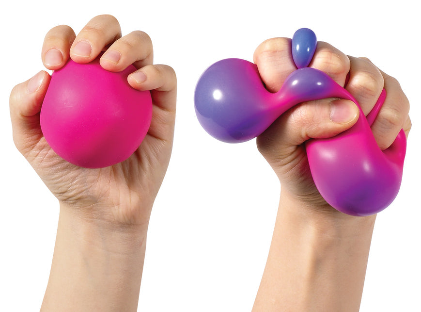 Hands squeezing a pink NeeDoh colour-change sensory ball as purple bubbles pop out, Adventure Awaits