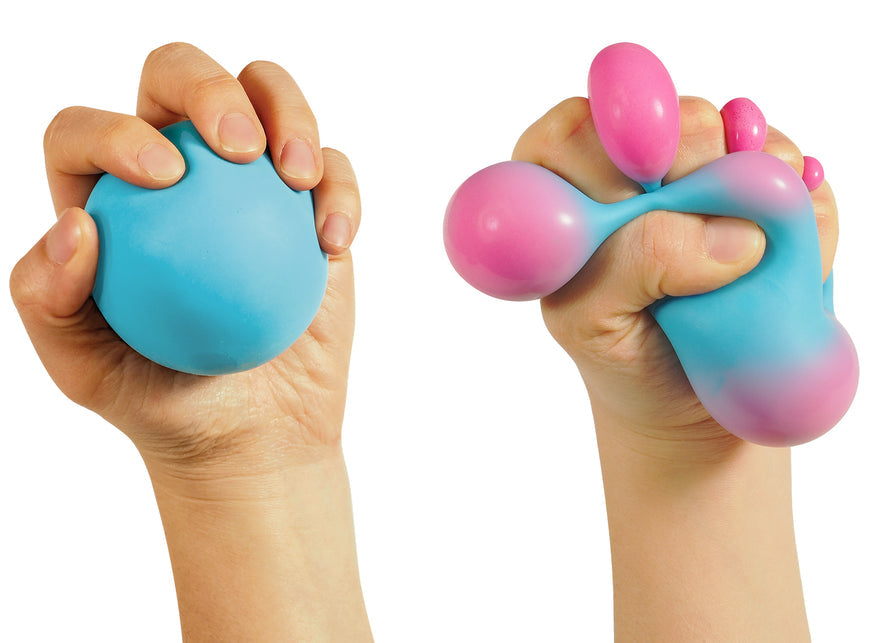 Hands squeezing a blue NeeDoh colour-change sensory ball as pink bubbles pop out, Adventure Awaits
