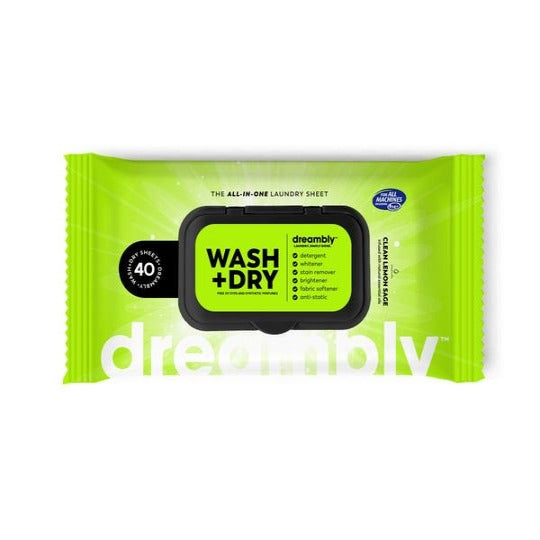 A pack of Dreambly Washing Sheets with a bright green color scheme and branding.