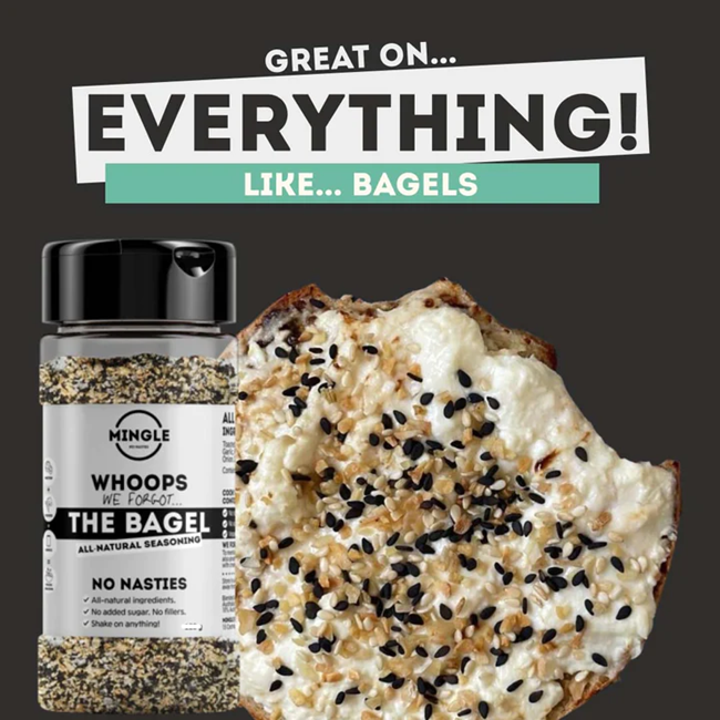Mingle Whoops We Forgot The Bagel seasoning jar beside bagel — Adventure Awaits