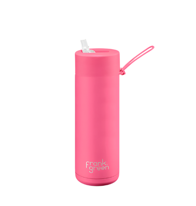 Neon pink Frank Green bottle with flip straw lid and matching carry strap — Adventure Awaits