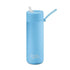 Sky blue Frank Green bottle with flip straw lid and matching carry strap — Adventure Awaits