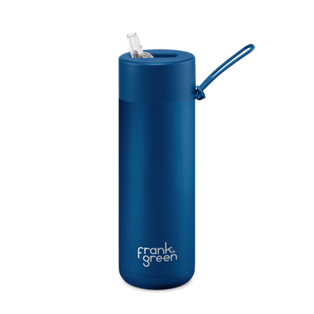 Deep ocean Frank Green bottle with flip straw lid and matching carry strap — Adventure Awaits