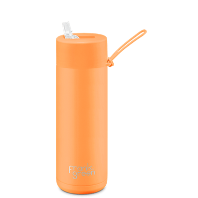 Neon Orange Frank Green bottle with flip straw lid and matching carry strap — Adventure Awaits