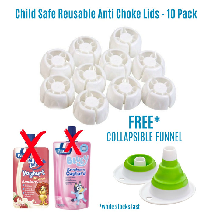Child Safe Reusable Anti Choke Lids 10 Pack with FREE Funnel