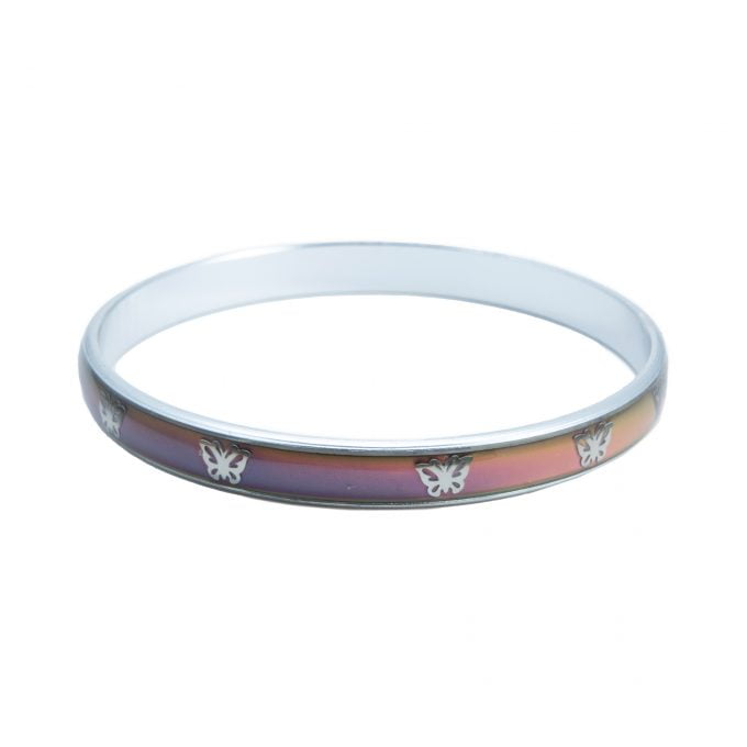 Silver mood bangle with colour-changing band and white butterfly motifs — Adventure Awaits