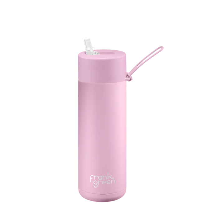 Lilac haze Frank Green bottle with flip straw lid and matching carry strap — Adventure Awaits