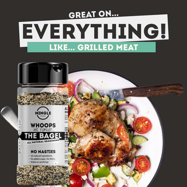 Mingle bagel seasoning jar beside grilled meat and salad plate — Adventure Awaits