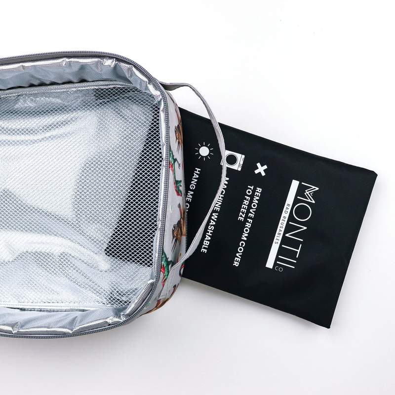 Montiico large ice pack sliding into the mesh pocket of an insulated lunch bag — Adventure Awaits