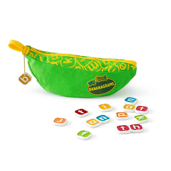 My First Bananagrams kids word game with green banana pouch and colourful lowercase letter tiles — Adventure Awaits