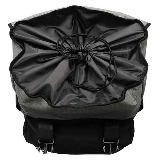 Navigator caravan wheel bag flap open with black drawstring closure — Adventure Awaits