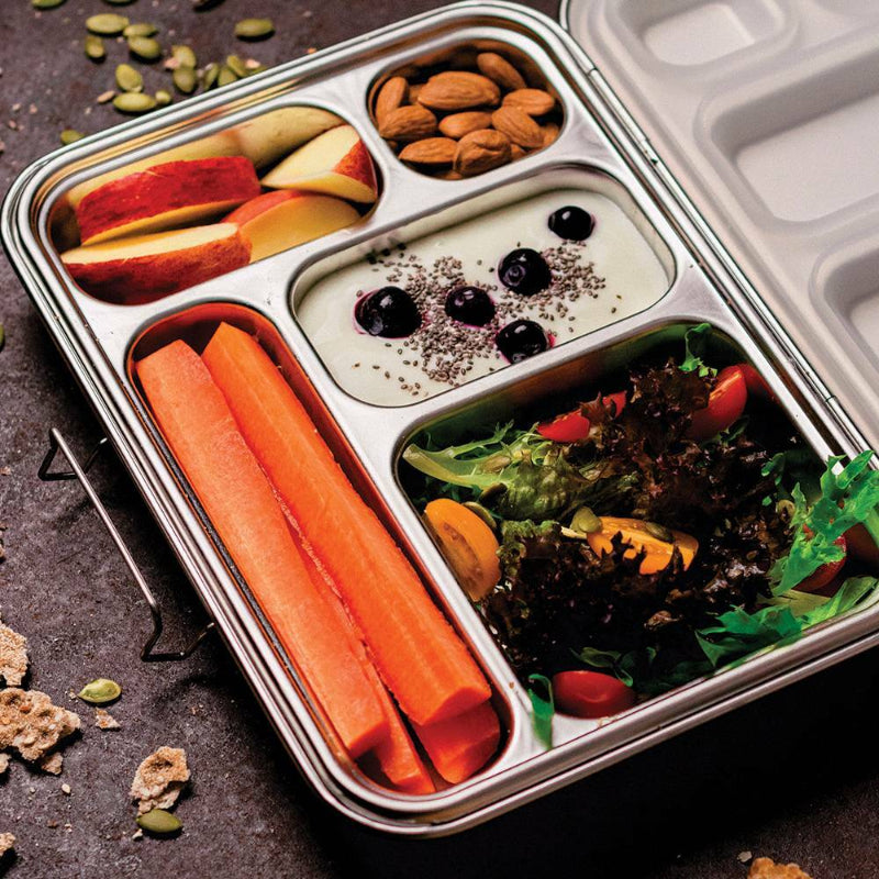 nestling stainless steel bento box with salad, carrots, fruit, yoghurt and nuts Adventure Awaits