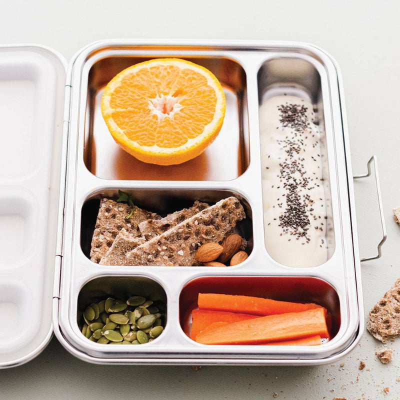 nestling stainless steel bento lunch box with orange, yoghurt, crackers, seeds and carrot sticks — Adventure Awaits