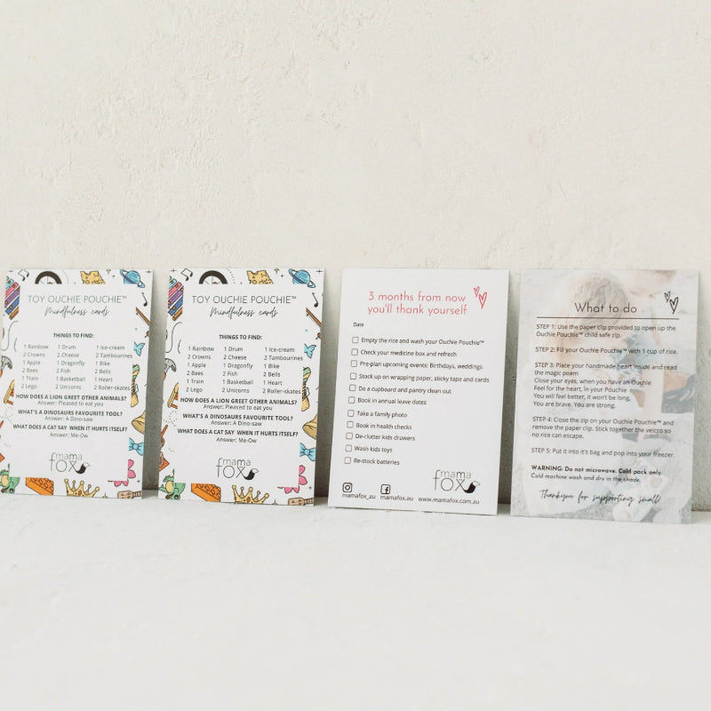 Ouchie Pouchie cold pack instruction and activity cards with care tips and reward checklist — Adventure Awaits