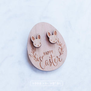 Wood With Words Stud Earrings - Bunny Rabbit w/ Easter Message Gift Tag