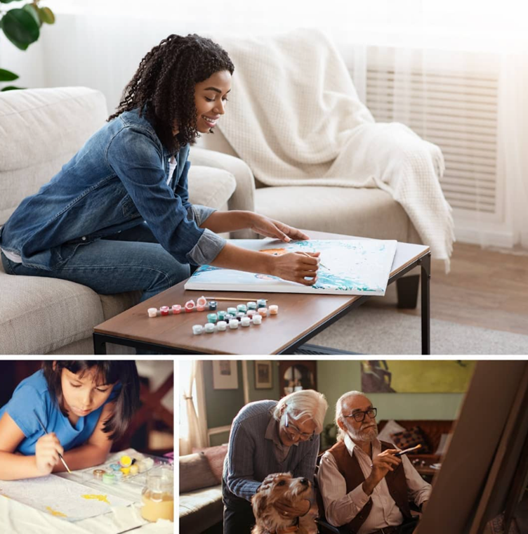 people enjoying paint by numbers art activity at home, including adult, child and seniors painting canvas with numbered paints for relaxing creative play Adventure Awaits