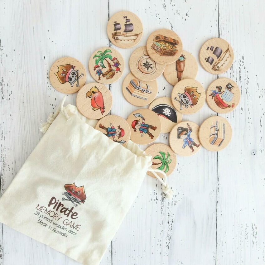 Pirate memory game with wooden discs and drawstring storage bag — Adventure Awaits
