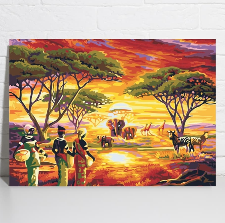 paint by numbers canvas artwork of African savannah sunset with elephants, giraffes and zebra, colourful landscape scene for creative art activity Adventure Awaits
