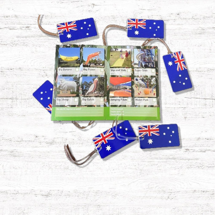 Spotto Books Australia open to Big Things and playground spotting pages with Aussie flag tags — Adventure Awaits