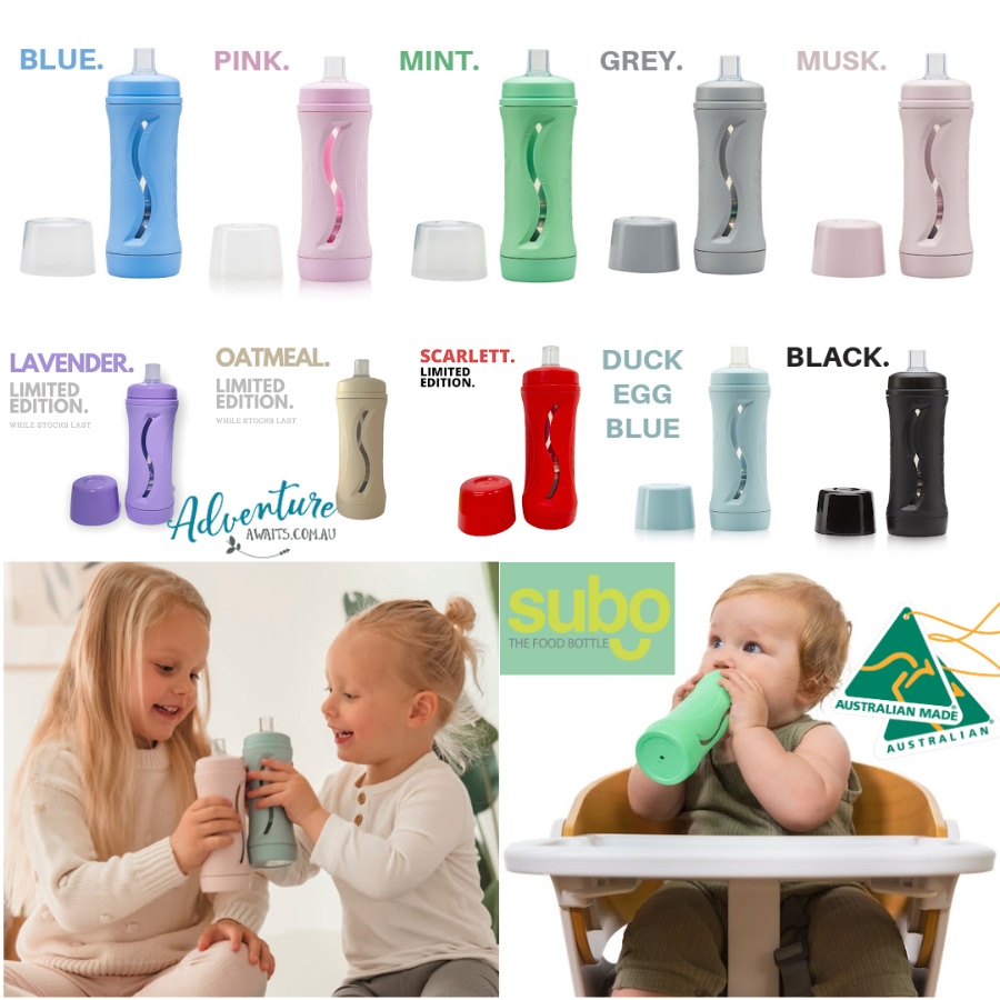 multiple colours of subo food bottle sown above images of children using them