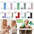multiple colours of subo food bottle sown above images of children using them
